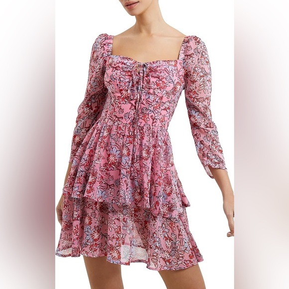 French Connection Fotini Recycled Hallie Tiered Mini Dress in Sea Pink Size 6 US - Picture 10 of 11